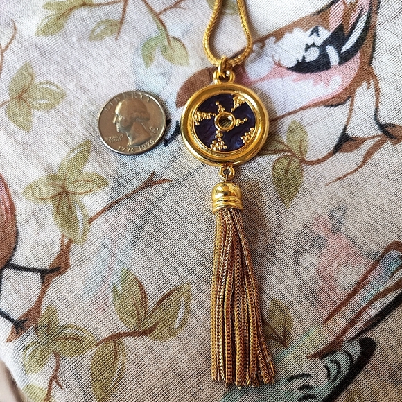 Heavy Plated Gold Tone Navy Blue Enamel Long Vintage Tassel Wheat Chain Necklace - Picture 5 of 7
